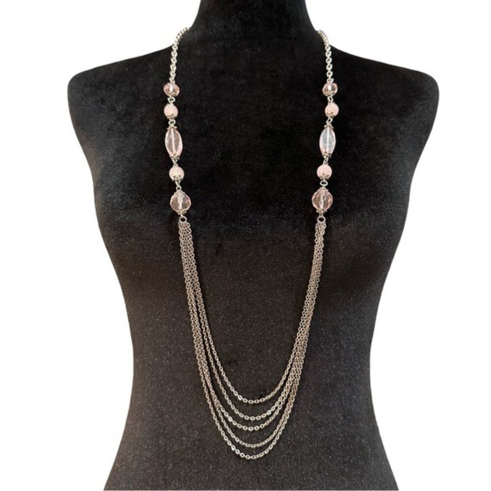 Long Silver Chain Necklace With Pink Beads & Multi-Layered Strand Detail